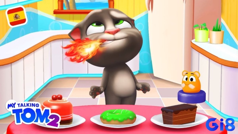 Giao diện chính của My Talking Tom – nơi người chơi chăm sóc chú mèo Tom từ bé đến lớn.