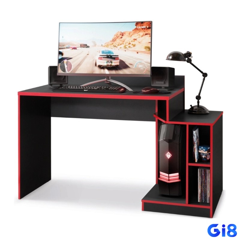 Bàn PC gaming bền bỉ từ gỗ công nghiệp, kim loại và kính cường lực.
