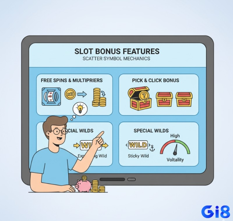 Người chơi khám phá các tính năng đặc biệt và vòng thưởng của slot game qua biểu tượng scatter
