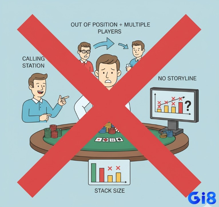 Người chơi poker tránh bluff khi đối thủ "calling station", nhiều người phía sau, stack không phù hợp, không có storyline