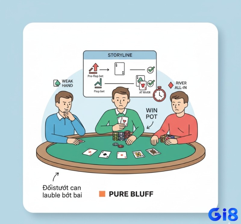 Người chơi poker thực hiện "pure bluff" với bài yếu, nhưng phải có storyline hợp lý và đối thủ có xu hướng bỏ bài