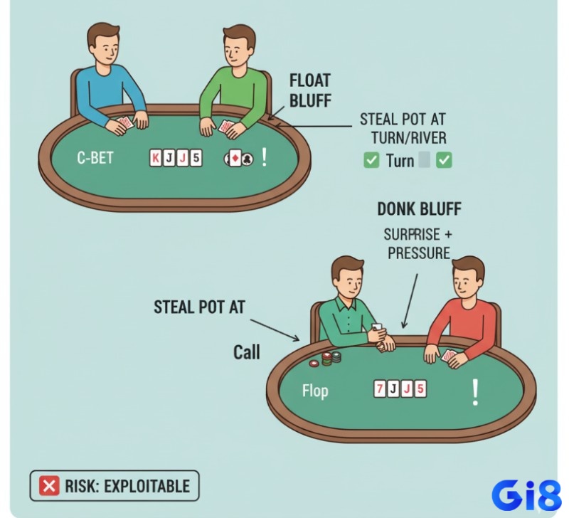 Người chơi poker sử dụng chiến thuật "float bluff" (theo bài để cướp pot sau) và "donk bluff" (tố trước để gây áp lực) trên bàn