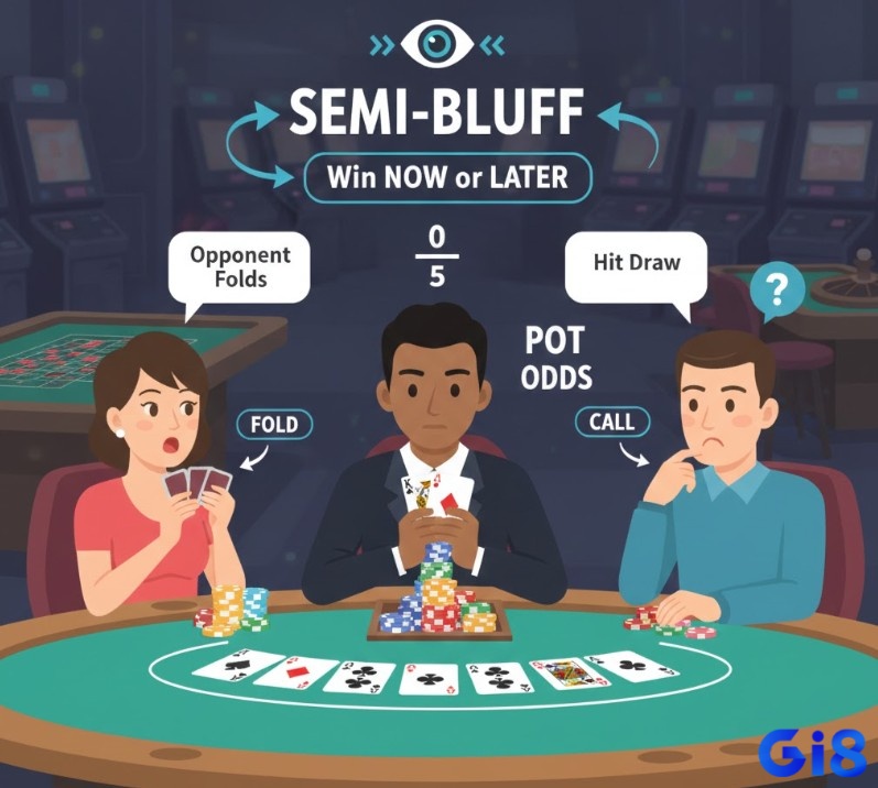 Người chơi poker áp dụng chiến thuật semi-bluff để thắng ngay hoặc cải thiện bài đợi
