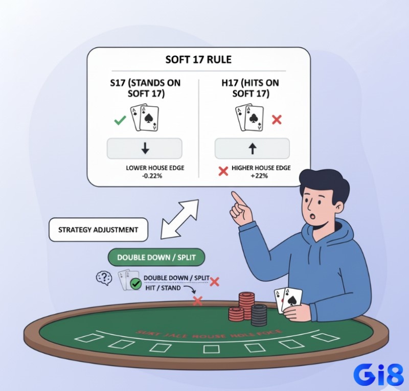 Người chơi Blackjack nắm vững quy tắc dealer đứng/đánh khi bài mềm 17 để điều chỉnh chiến thuật, tối ưu lợi thế