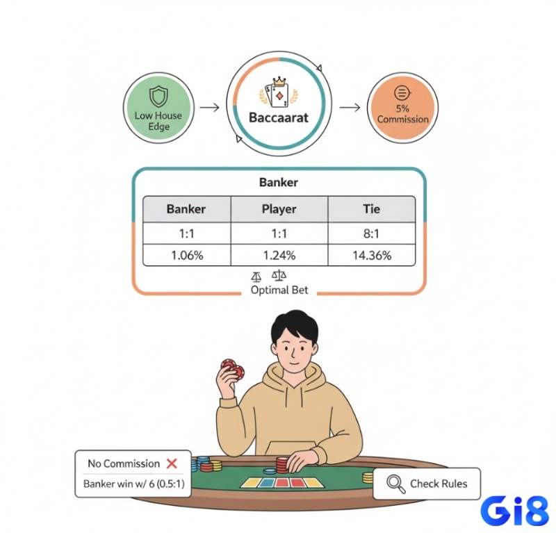 Trong Baccarat, người chơi phân tích lợi thế nhà cái, dựa trên hoa hồng và tỷ lệ cược của ba cửa Cái – Người – Hòa để lựa chọn cách chơi hiệu quả
