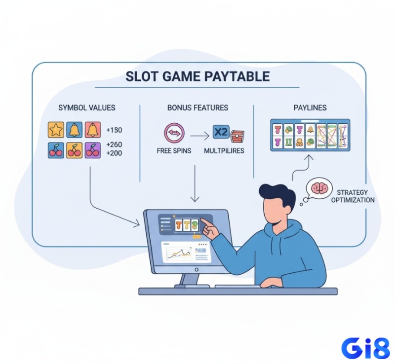 Người chơi slot game đọc hiểu bảng trả thưởng để xác định biểu tượng giá trị, cơ chế bonus và dòng thanh toán hiệu quả