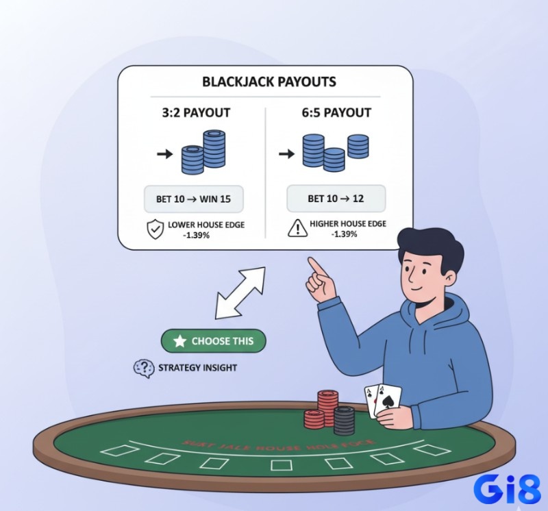 Người chơi Blackjack phân tích tỷ lệ 3:2 so với 6:5 để tối ưu hóa lợi nhuận và chọn bàn có lợi thế nhà cái thấp