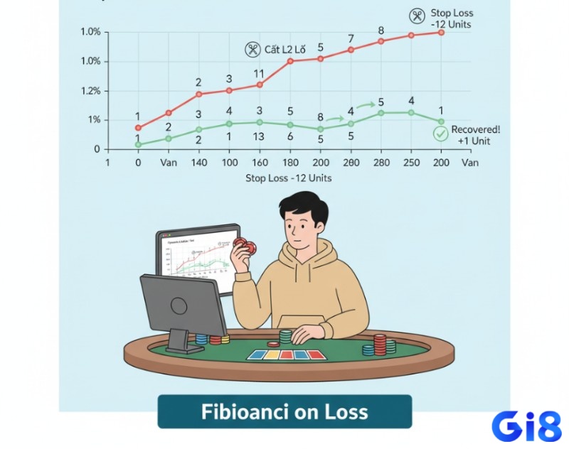 Người chơi Baccarat áp dụng chiến thuật Fibonacci khi thua, biểu đồ minh họa chuỗi số và các điểm tăng cược dần dần để phục hồi vốn