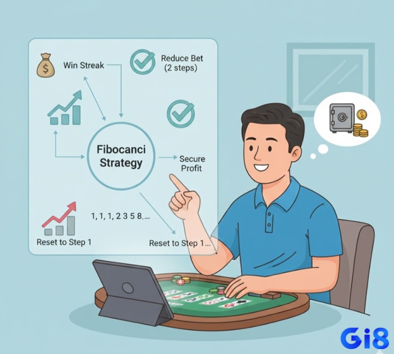 Người chơi Baccarat áp dụng, chiến thuật Fibonacci khi thắng, với biểu đồ minh họa chuỗi số và các điểm chốt lãi thông minh