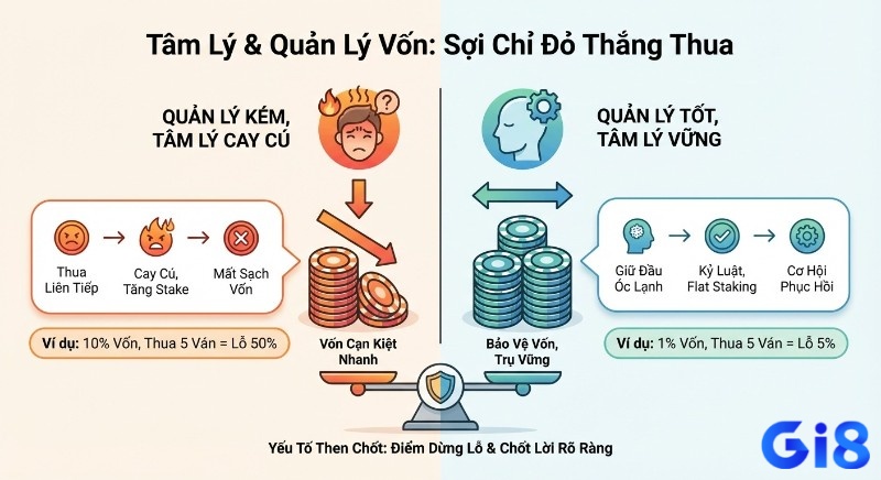 Sơ đồ minh họa tâm lý và quản lý vốn quyết định thắng thua, so sánh lỗ 50% khi cay cú với lỗ 5% khi flat staking