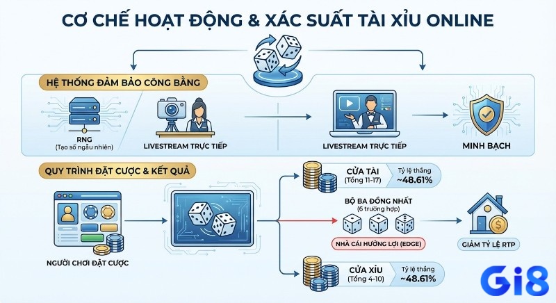 Sơ đồ chi tiết cơ chế hoạt động Tài Xỉu online minh họa quy trình từ hệ thống đảm bảo công bằng đến xác suất và lợi thế nhà cái trong cách chơi tài xỉu trên mạng