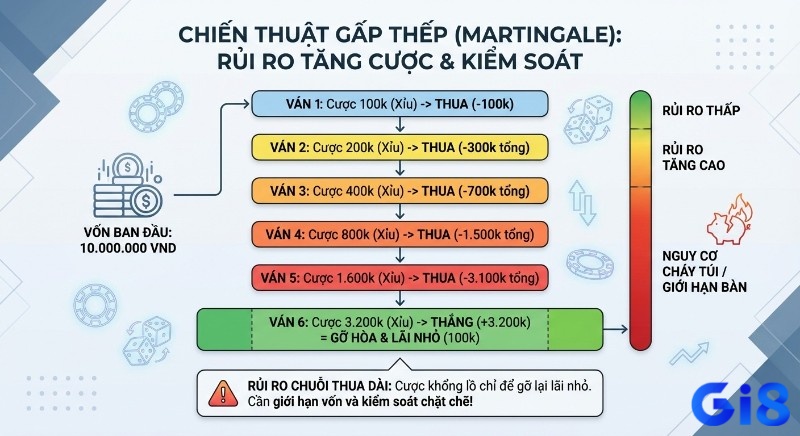 Phân tích chiến thuật gấp thếp Martingale thực chiến tài xỉu, minh họa rủi ro tăng cược và lợi nhuận nhỏ 100k sau 5 ván thua