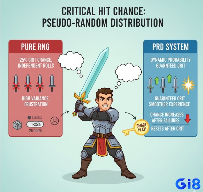 Người chơi game hiểu cách RNG hoạt động, với Pseudo-Random Distribution (PRD) trong tấn công chí mạng, tăng tỷ lệ crit sau các đòn đánh không chí mạng để cân bằng trải nghiệm