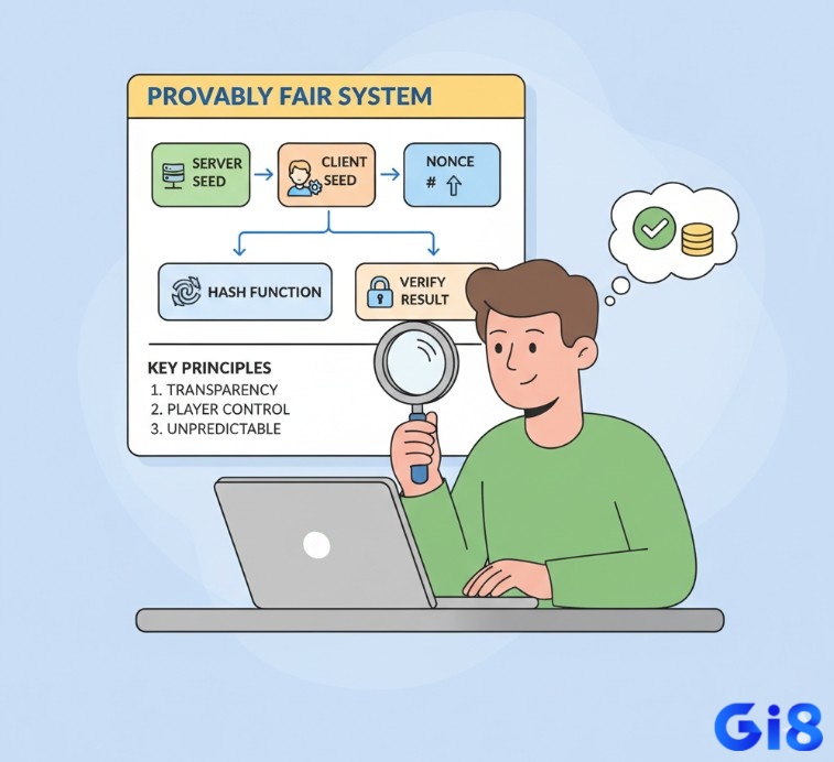 Người chơi game trực tuyến kiểm tra tính công bằng của RNG bằng hệ thống Provably Fair, sử dụng Server Seed, Client Seed và Nonce
