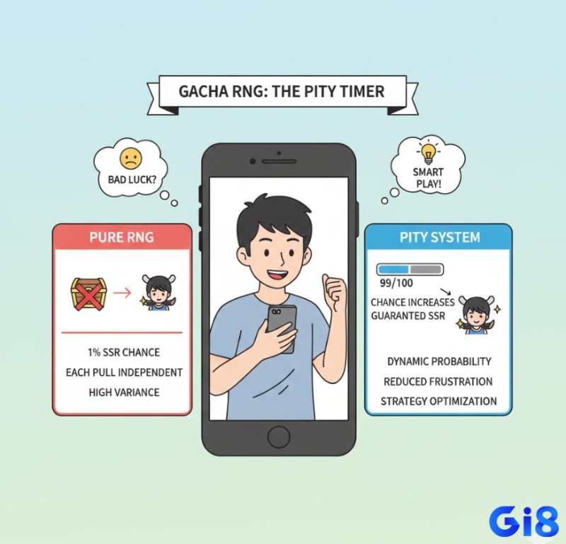 Người chơi Gacha tìm hiểu cách hoạt động của RNG có ""Pity Timer"" để tăng xác suất ra SSR sau nhiều lượt quay thất bại, tối ưu chiến lược quay thưởng