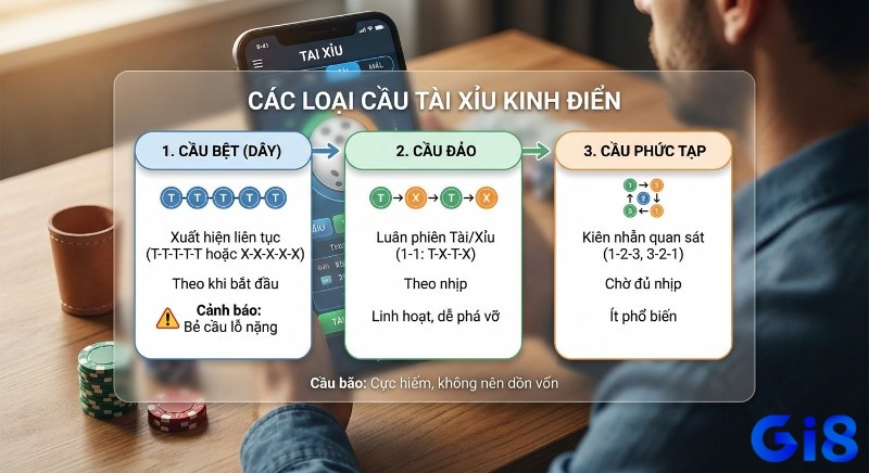Sơ đồ 3 loại cầu Tài Xỉu kinh điển gồm cầu bệt, cầu đảo, cầu phức tạp giúp dân chuyên nhận diện và soi cầu hiệu quả