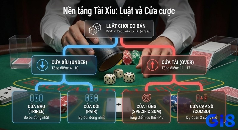Hướng dẫn chi tiết luật chơi Tài Xỉu và các cửa cược cơ bản: Tài, Xỉu, Bão, Đôi, Tổng điểm, Cặp số giúp người chơi nắm vững cách đọc tài xỉu