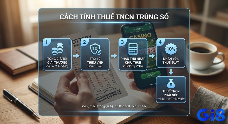 Quy trình 4 bước tính thuế TNCN trúng số, minh họa cách trừ 10 triệu và áp dụng 10% cho giải thưởng 2 tỷ đồng