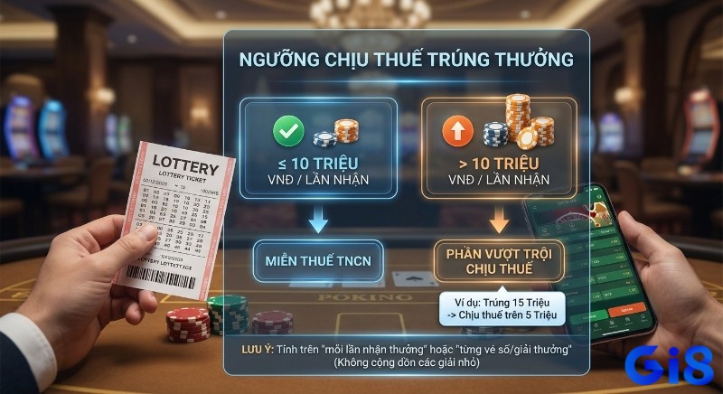Sơ đồ quy định ngưỡng, cách khai thuế trúng số, làm rõ khoản thưởng dưới 10 triệu VND được miễn, trên 10 triệu VND chịu thuế phần vượt trội trên từng giải