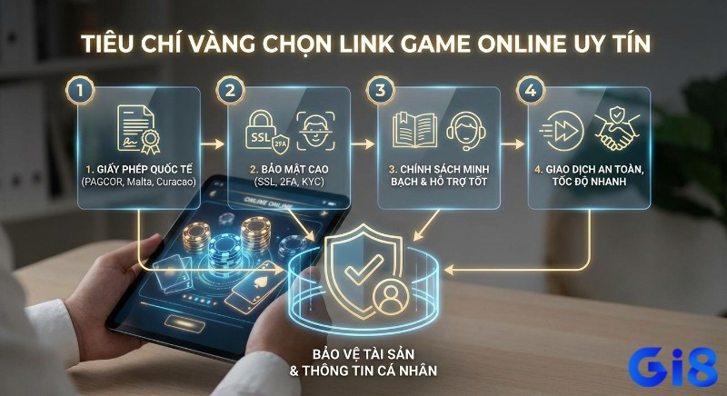 Checklist 4 tiêu chí vàng, chọn link game online uy tín: giấy phép, bảo mật cao, chính sách minh bạch, giao dịch an toàn để bảo vệ tài sản và thông tin cá nhân