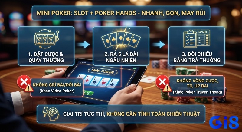 Quy trình 3 bước chơi Mini Poker, kết hợp Slot và Poker Hands, không giữ bài hay vòng cược như các loại Poker khác