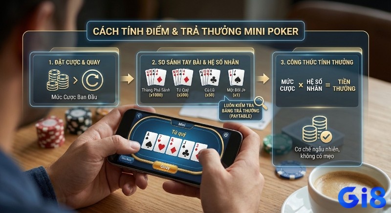Quy trình 3 bước chi tiết cách tính điểm và trả thưởng Mini Poker, bao gồm đặt cược, hệ số nhân và công thức thưởng