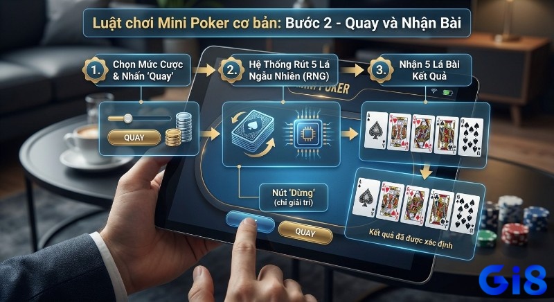 Quy trình 3 bước cơ bản để quay thưởng và nhận 5 lá bài ngẫu nhiên trong luật chơi Mini Poker dành cho tân thủ