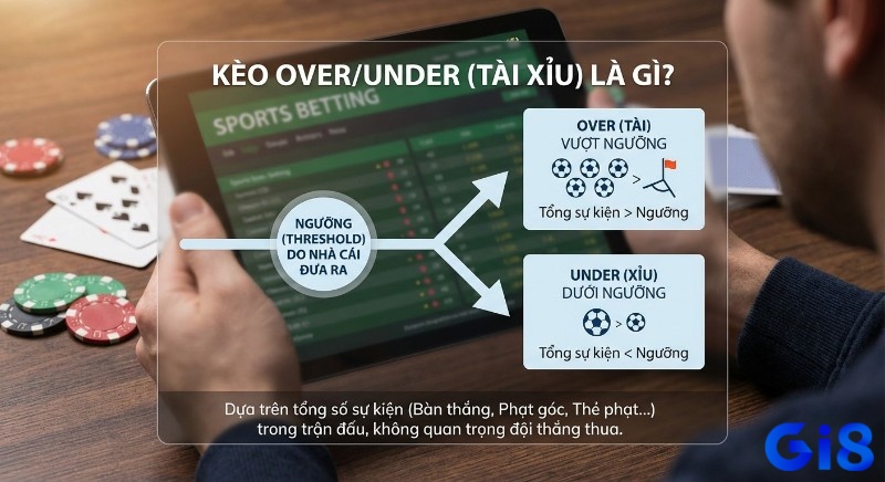 Định nghĩa over là tài hay xỉu, và ngưỡng nhà cái, minh họa cách cược Tài (vượt) hay Xỉu (dưới) tổng sự kiện trận đấu