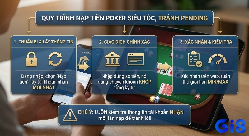 Quy trình 3 bước nạp tiền Poker siêu tốc, tránh pending: luôn kiểm tra thông tin nhận mới nhất và nội dung chuyển khoản khớp