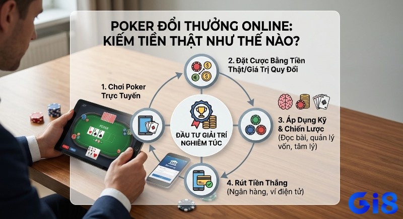 Quy trình 4 bước chơi Poker đổi thưởng online để kiếm tiền thật, từ chơi, đặt cược đến áp dụng chiến lược và rút tiền thắng