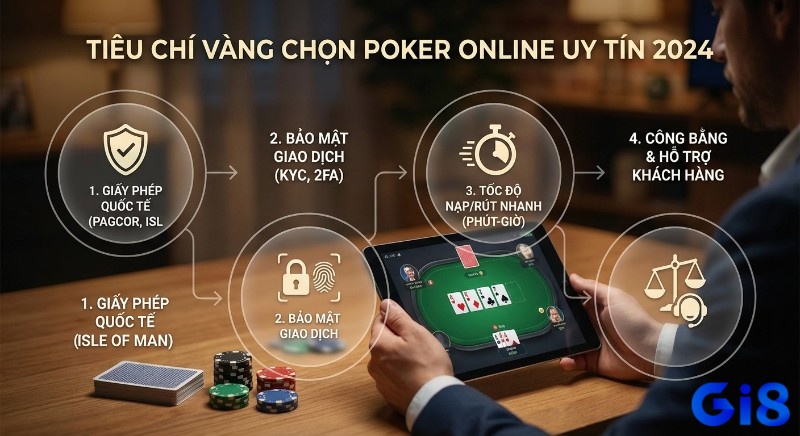 Quy trình chọn Poker đổi thưởng online uy tín 2026 qua 4 tiêu chí: giấy phép, bảo mật, tốc độ giao dịch, hỗ trợ khách hàng