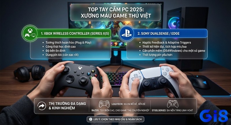 Bảng tổng hợp top tay cầm chơi game pc tốt nhất 2026, so sánh Xbox Wireless và DualSense