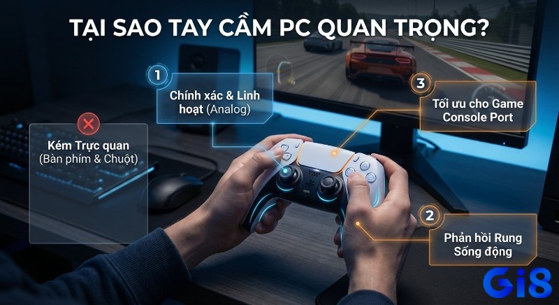 Phân tích 3 lý do, top tay cầm chơi game pc quan trọng: chính xác analog, phản hồi rung sống động và tối ưu cho game console port, thay thế bàn phím chuột