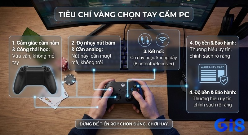 Sơ đồ 4 tiêu chí vàng chọn tay cầm chơi game PC: công thái học, độ nhạy nút/cần, kết nối linh hoạt và độ bền bảo hành