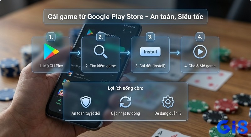 Quy trình 4 bước cách cài game android từ Google Play Store: mở, tìm kiếm, cài đặt và trải nghiệm game an toàn, siêu tốc, luôn cập nhật