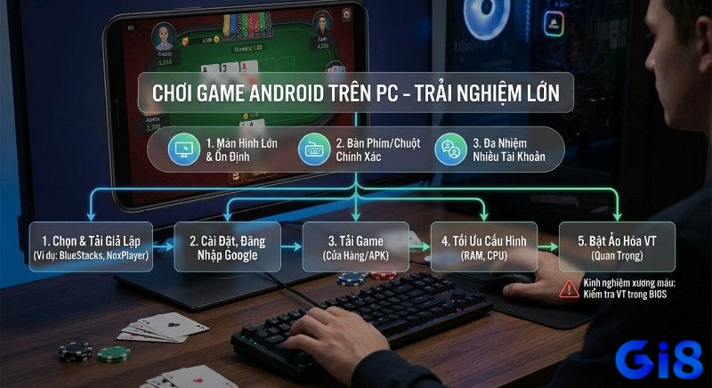 Quy trình 5 bước cài game Android trên PC bằng giả lập để trải nghiệm màn hình lớn, hỗ trợ BlueStacks, NoxPlayer và bật VT