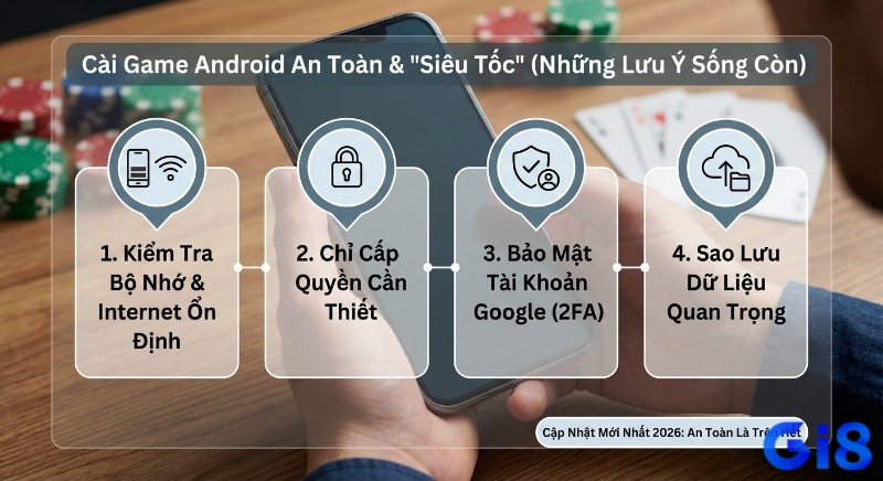 Checklist 4 bước cài game Android an toàn và siêu tốc: kiểm tra bộ nhớ, quyền truy cập, bảo mật 2FA, sao lưu dữ liệu, ưu tiên an toàn