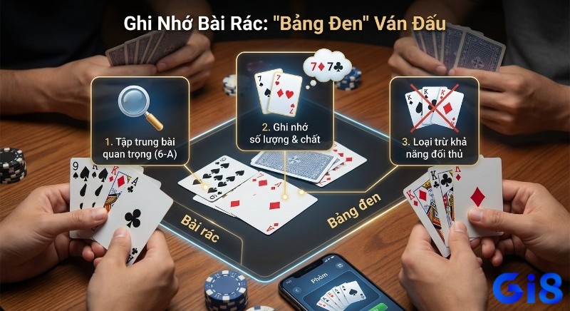 Cách nhớ bài trong đánh phỏm, tập trung bài 6-A, ghi số lượng, và loại trừ bài đối thủ.