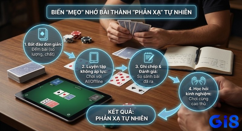Lộ trình 4 bước luyện tập, biến "mẹo" nhớ bài thành "phản xạ" tự nhiên, qua việc đếm bài, chơi AI, ghi chép và học hỏi kinh nghiệm
