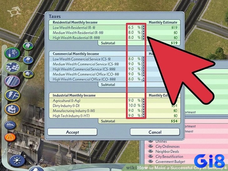 Bảng điều chỉnh thuế và ngân sách trong SimCity giúp thành phố duy trì lợi nhuận