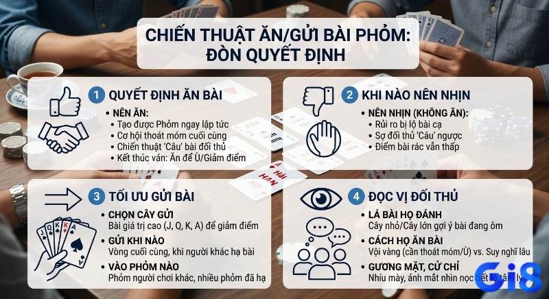 Tổng quan chiến lược 4 bước quyết định ăn/gửi bài Phỏm: Nên ăn/nhịn, tối ưu gửi bài, đọc vị đối thủ để thành cao thủ