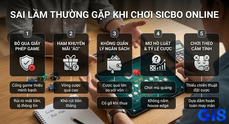 Checklist 5 sai lầm thường gặp khi chơi Sicbo online: bỏ qua giấy phép, không quản lý ngân sách, ham khuyến mãi ảo để tránh rủi ro