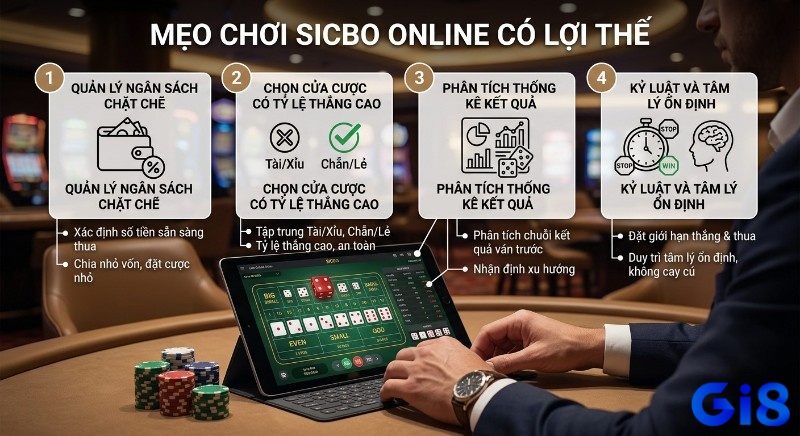 Quy trình 4 bước chơi Sicbo online có lợi thế: quản lý ngân sách, chọn cửa cược, phân tích thống kê và duy trì tâm lý ổn định