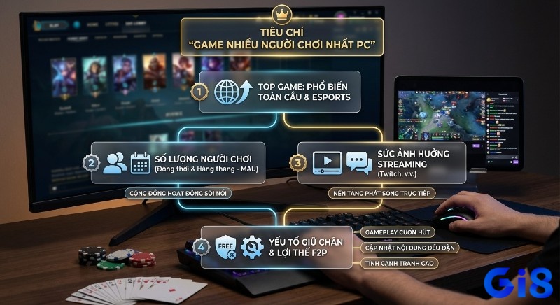 Sơ đồ 4 tiêu chí vàng xác định game nhiều người chơi nhất PC nhất, nhấn mạnh số lượng người chơi, ảnh hưởng streaming và lợi thế F2P