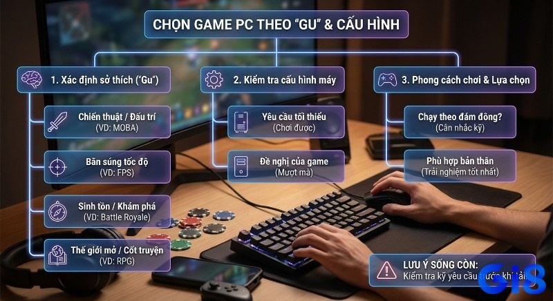 Quy trình 3 bước chọn game PC phù hợp gu và cấu hình: xác định sở thích, kiểm tra máy và phong cách chơi để có trải nghiệm tốt nhất