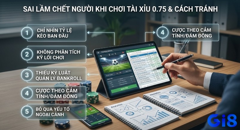 Checklist 5 sai lầm chết người khi chơi kèo 0.75 tài xỉu, nhấn mạnh phân tích kỹ lưỡng và quản lý bankroll