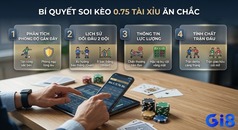 Bí quyết 4 yếu tố soi kèo 0.75 tài xỉu ăn chắc, tập trung vào phong độ, đối đầu, thông tin lực lượng và tính chất trận đấu