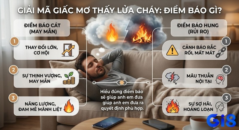 Bảng so sánh điềm báo hung, và cát từ giấc mơ thấy lửa cháy, giúp hiểu rõ cơ hội, rủi ro và mâu thuẫn nội tại