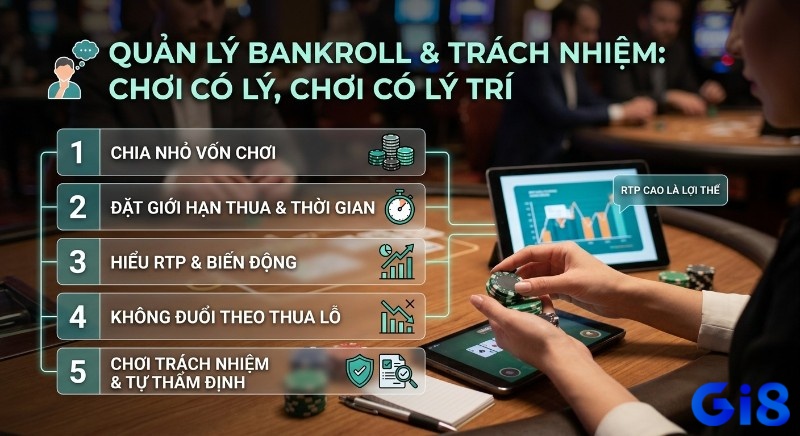 Hướng dẫn 5 bước quản lý bankroll và trách nhiệm chơi có lý trí, nhấn mạnh tầm quan trọng của RTP cao