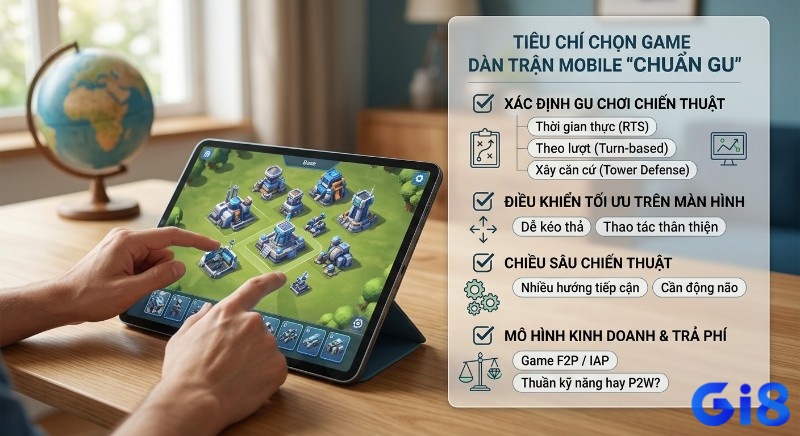 Tổng hợp tiêu chí chọn game dàn trận mobile: gu chơi, điều khiển tối ưu, chiều sâu chiến thuật và mô hình kinh doanh F2P/P2W